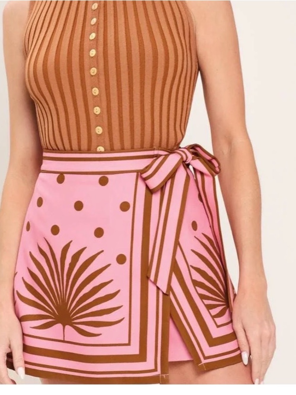Olivaceous Pink & Brown Printed Tie-Waist Mini Skort